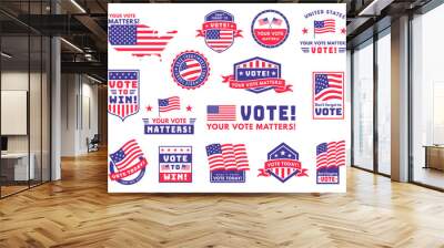 Usa voting labels. American presidential election badges and vote stickers, encouraging political voting banners. Patriotic emblem vector set Wall mural