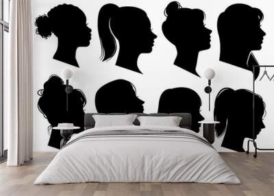 Woman heads in profile. Beautiful female faces profiles, black silhouette outline avatars, anonymous portraits with hairstyle vector set Wall mural