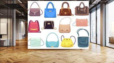 Womens bags. Ladies handbags with fashion accessories. Leather female clutch and purse vintage vector flat set Wall mural