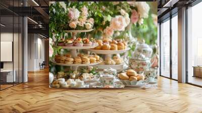 A beautiful tea party table setting with floral arrangements and delicate pastries. Wall mural