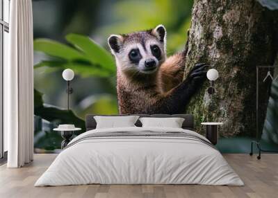 A cute brown and black banded  raccoon-like animal climbing a mossy tree with green leaves in the background. Wall mural