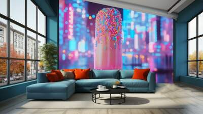 A pink popsicle with colorful sprinkles in front of a blurred neon cityscape. Wall mural