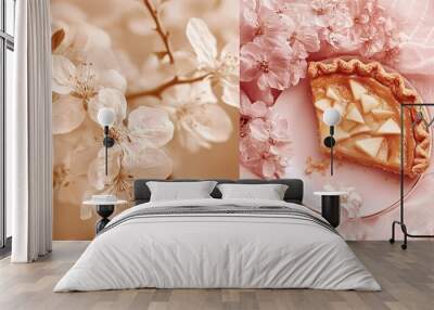 A slice of apple pie with a flaky crust and a sweet, golden filling, surrounded by delicate pink blossoms. Wall mural