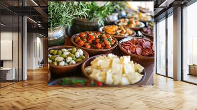 A spread of appetizers on a wooden table includes olives, cherry tomatoes, cheese, and sliced salami. Wall mural