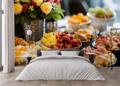 A spread of breakfast foods including fried eggs, bacon, pastries, and fruit. Wall mural