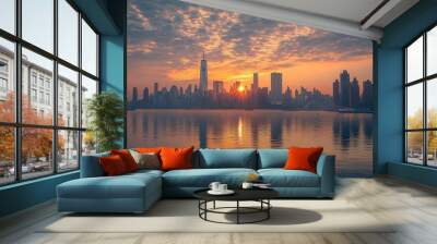 A stunning sunrise over a cityscape with a glassy reflection of the skyline in the water. Wall mural