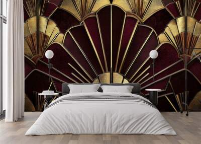 Abstract geometric pattern with gold and burgundy colors in Art Deco style. Wall mural