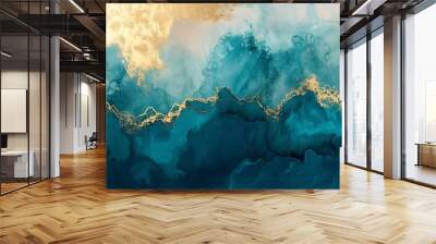 Abstract teal and gold marble background with gold glitter. Wall mural