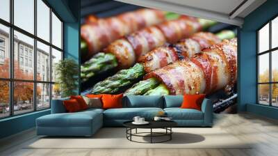 Close-up of bacon-wrapped asparagus on a grill. Wall mural