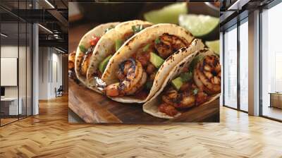 Close up of three shrimp tacos with avocado salsa and lime wedges on a wooden serving tray. Wall mural