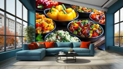 Close-up of various grilled vegetables, quinoa, and parsley in bowls on wooden tray. Wall mural