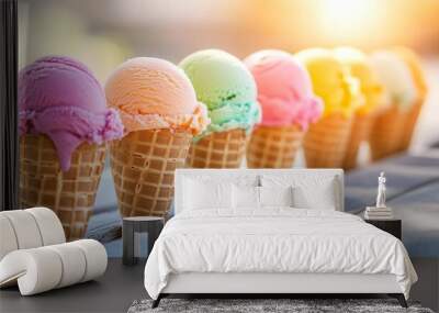 Closeup of six ice cream cones with different flavors on a wooden table in the sunlight. Wall mural