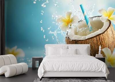 Coconut with flower and straw, splashing in blue water. Wall mural