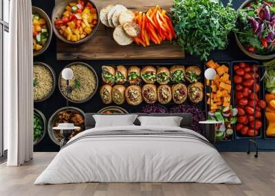 Colorful Food Spread with various vegetables, salads and breads. Wall mural