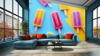 Colorful popsicles on a blue and yellow background. Wall mural