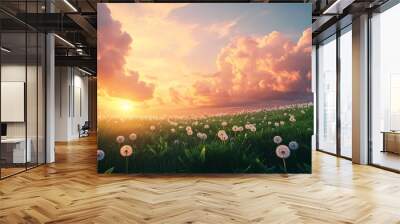 Dandelion field at sunset with fluffy clouds. Wall mural