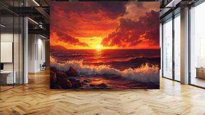 Dramatic sunset over ocean with rocks and waves. Wall mural