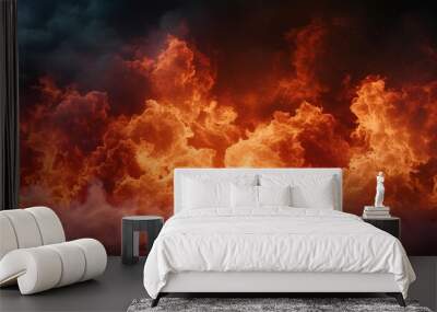 Fiery orange and red flames with smoke and a dark background. Wall mural