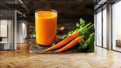 Glass of fresh carrot juice with two whole carrots and parsley on a wooden cutting board. Wall mural