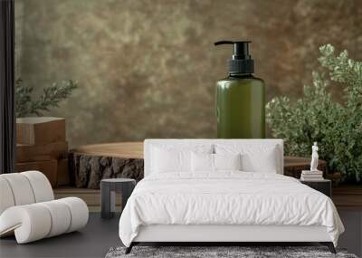 Green bottle with pump on a wooden base with a green sprig behind. Wall mural