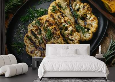 Grilled cauliflower florets with rosemary and dill on a black plate. Wall mural