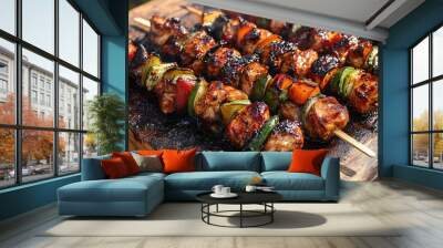 Grilled chicken skewers with bell peppers and zucchini on a wooden board. Wall mural