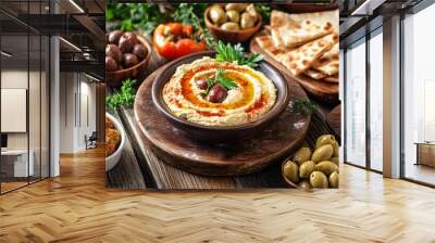 Hummus with pita bread, olives, and falafel. Wall mural