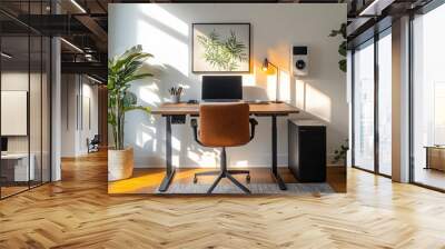 Modern home office with standing desk, leather chair, and potted plants. Wall mural