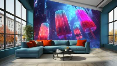 Neon-colored popsicles falling down with a blue and purple background. Wall mural