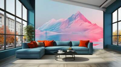 Pink and blue mountain peak reflection in the water. Wall mural