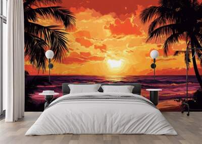 Silhouette of palm trees against a vibrant sunset over the ocean. Wall mural