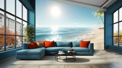 Sunny, tropical beach with palm trees and blue water. Wall mural