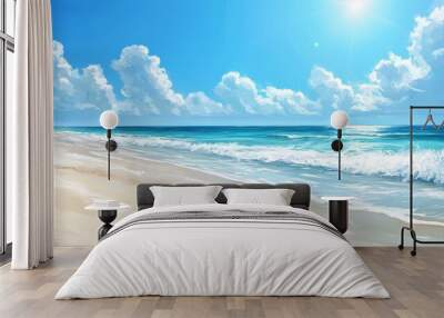 Sunny day at the beach with a blue sky and white clouds,  foam waves rolling on a sandy shore. Wall mural