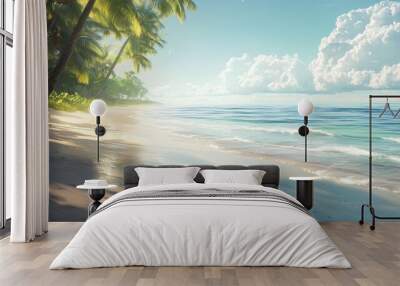 Tranquil beach scene with palm trees, white sand, turquoise water, and blue sky with fluffy white clouds. Wall mural