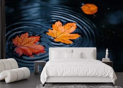 Two orange leaves floating on dark water creating ripples. Wall mural