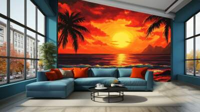 Two palm trees stand on the shore of a tropical beach at sunset, with a large, golden sun in the sky above the water. Wall mural