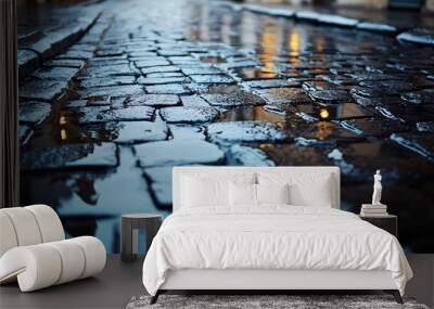 Wet cobblestone street with reflection of lights. Wall mural