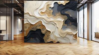 Golden white and black colour paint 3d stains abstract background. Elegant waves in different shapes Wall mural