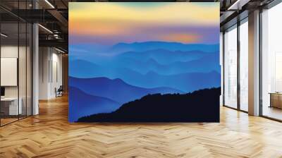 blue landscape vector with yellow sunlight in the background. Wall mural