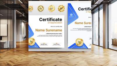 Certificate of appreciation template, gold and blue color. Clean modern certificate with gold badge. Certificate border template with luxury and modern line pattern. Diploma vector template Wall mural