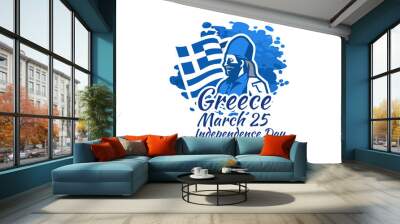 March 25, Happy Independence Day Design, Independence Day of Greece vector illustration suitable for greeting card, poster and banner. Male against Greek flag. Wall mural