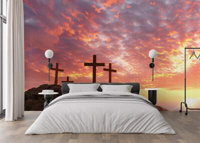 Good Friday landscape with crosses against a sun Wall mural