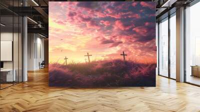 Good Friday landscape with crosses against a sun Wall mural