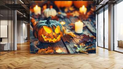 Halloween background with pumpkins candles and autumn Wall mural