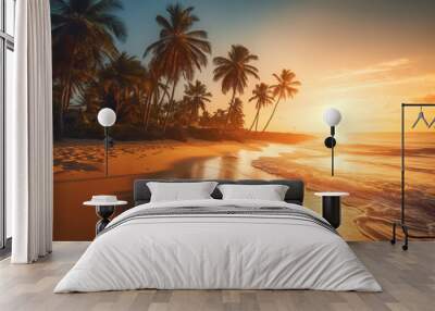 Sunny exotic beach by the ocean with palm trees at sunset summer vacation by the sea photography Wall mural