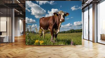 A close-up of a cow standing in a lush green meadow with wildflowers, under a clear blue sky with a few fluffy clouds, photograph, realistic, 4K, high resolution, HDR, natural light, sharp focus, wid Wall mural