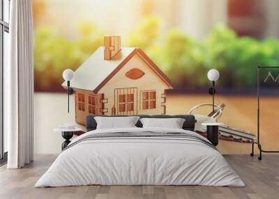 key and wooden Home model on table office. New House, Financial, Property insurance and real estate concepts Wall mural