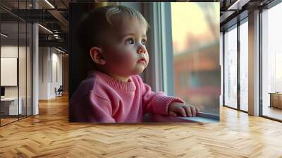 Little boy in pink sweater looking out the window, thoughtful Wall mural