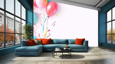 Multicolour balloons on a pastel white background. 3d render illustration, space 2/3 for text  Wall mural