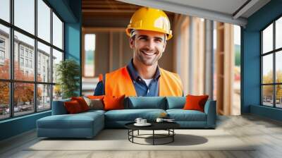 smiling young builder in the background, wearing a construction helmet, light setting Wall mural